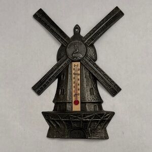 Vintage 8 inch Metal Danish Windmill with Little Mermaid Wall Thermometer Black